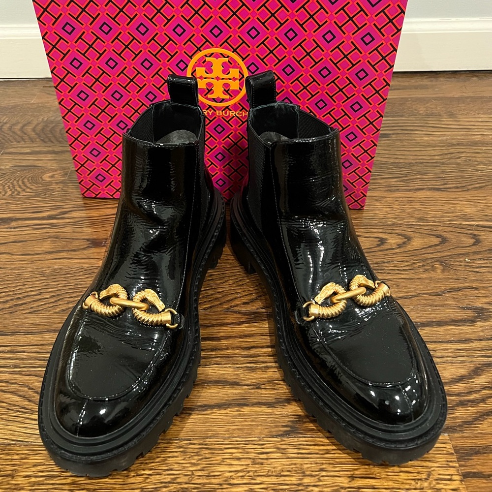 Tory Burch Jessa Lug Black Patent Boots with Gold Accent